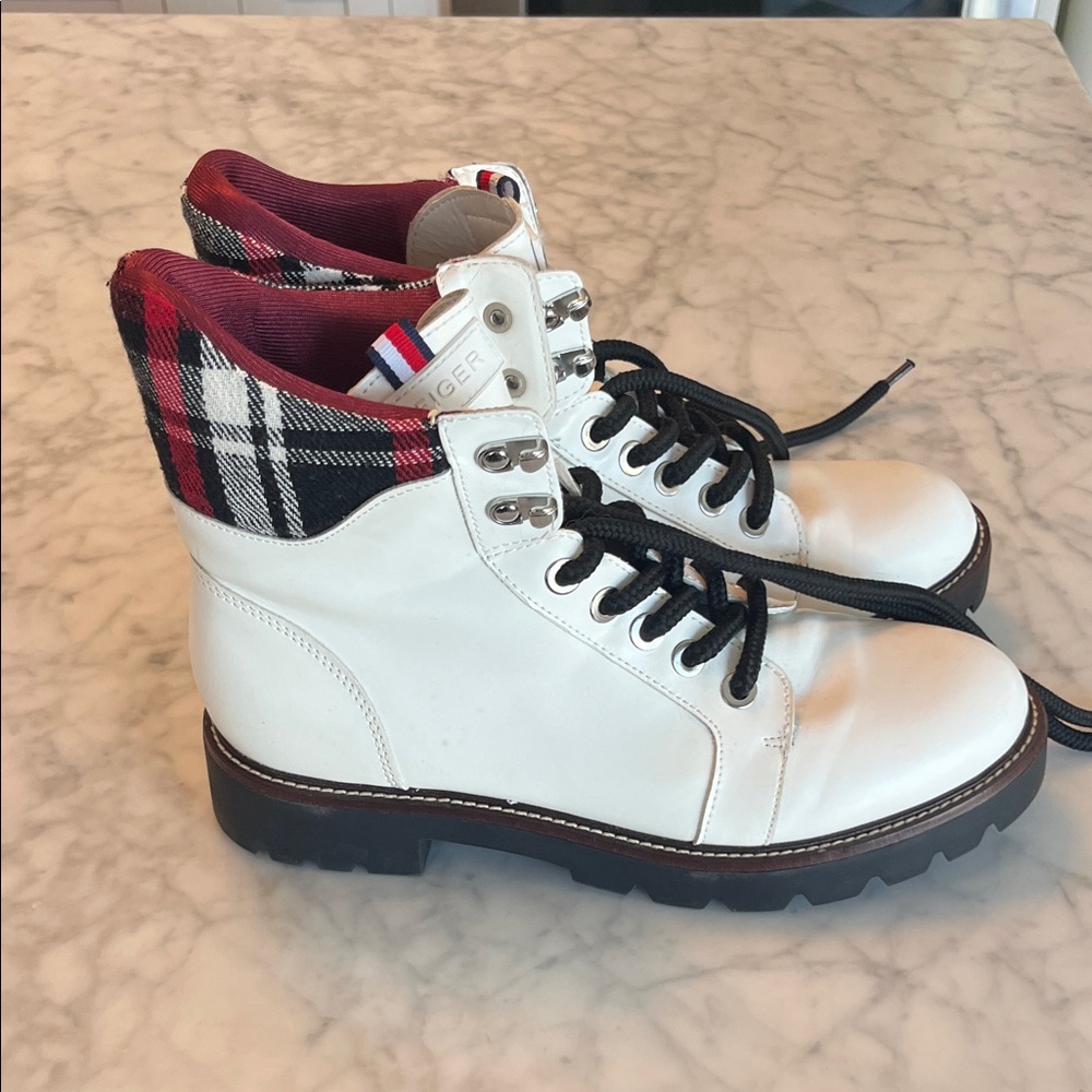 Tommy Hilfiger Women’s White and Red Combat Boots Size 9 1/2